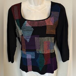 Vintage 90s Y2K Black Slinky Stretch Travel Top Women’s S 4 6 Colorful Geometric